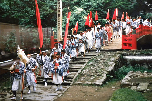 Haguro San, Yamabushi walking up hill to Sanjin Gosaiden temple